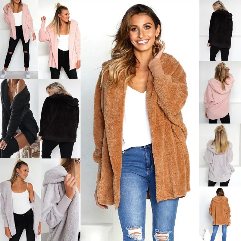 

2018 Faux Fur Coat Women Fluffy Warm Outwear Plush Hooded Hairy Women Winter Coat Pink Loose Cardigan Trench Pure Color jacket