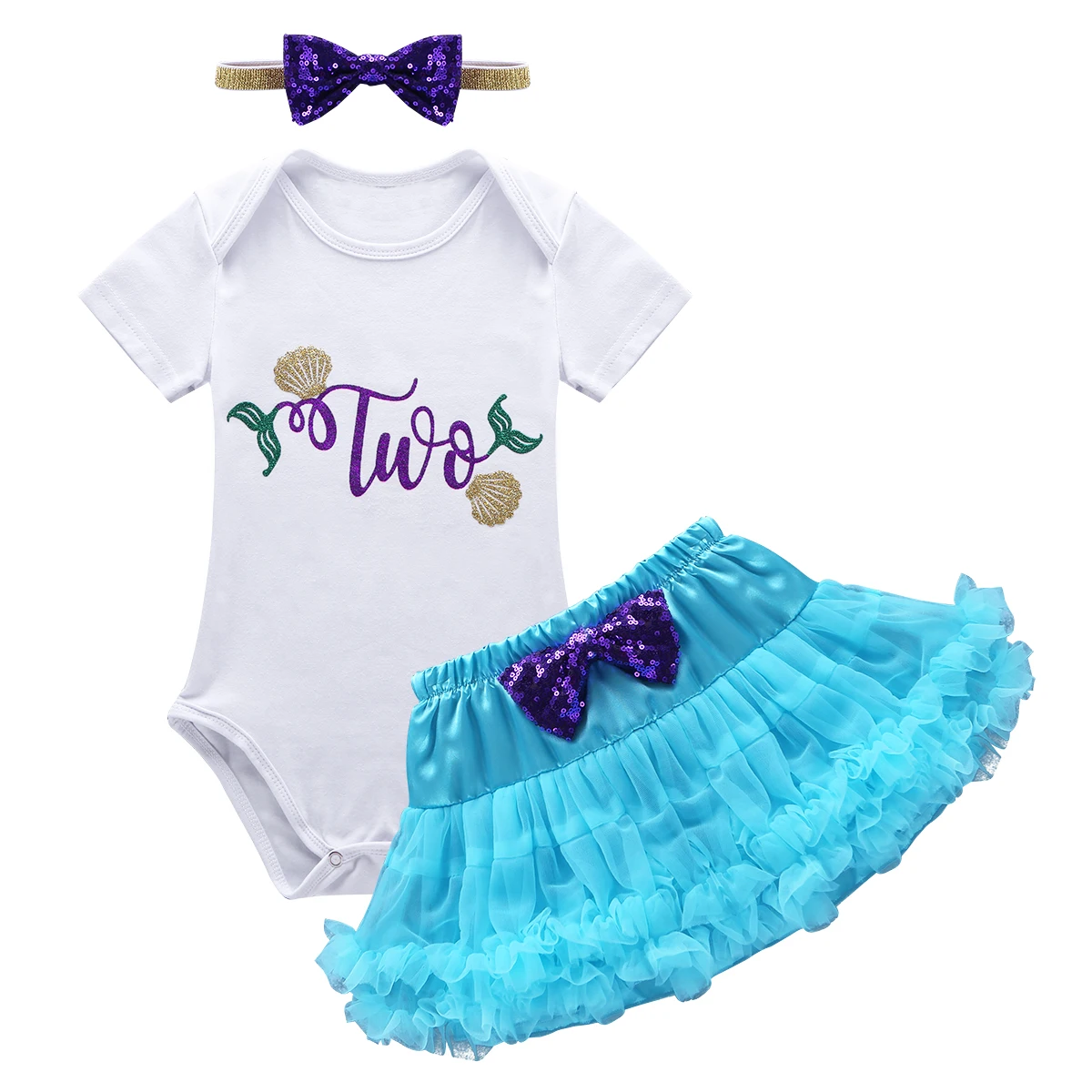 Комплект одежды для маленьких девочек Комбинезон на день рождения с короткими рукавами и принтом в виде блестящей раковины с цифрами и юбкой-пачкой комплект с повязкой на голову - Цвет: Sky Blue