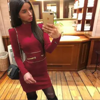 

New Winered Color Long Sleeve Button Bodycon Mini Dress Rayon Bandage Dress British style Celebrity Dress