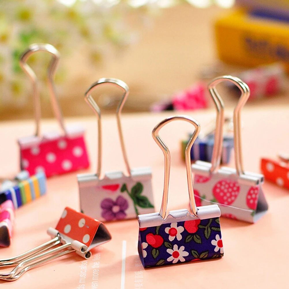 12pcs Fresh Style Flower Printed Metal Binder Clips Office learning Supplies small and 6pcs larger