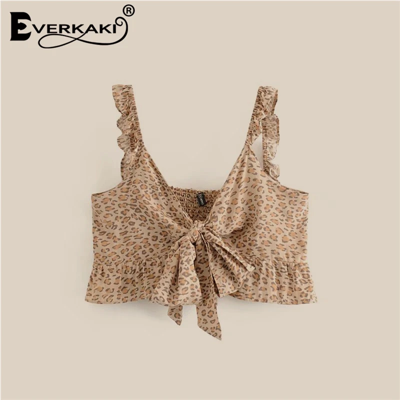 Everkaki Boho Camis Топ женский леопардовый принт укороченные топы с оборками богемные летние топы короткая женская ночная Кофта женская летняя Новинка - Цвет: Многоцветный