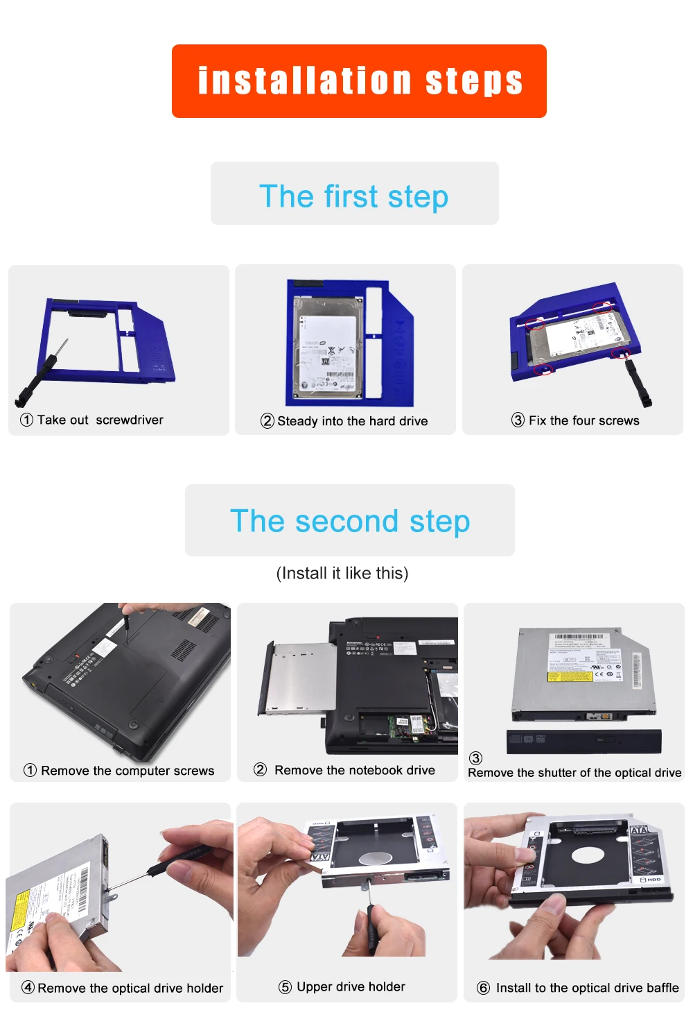 TISHRIC универсальный пластиковый Optibay 2nd HDD Caddy 9,5 мм SATA 3,0 для 9/9. 5 мм 2," SSD адаптер CD DVD HDD чехол Корпус