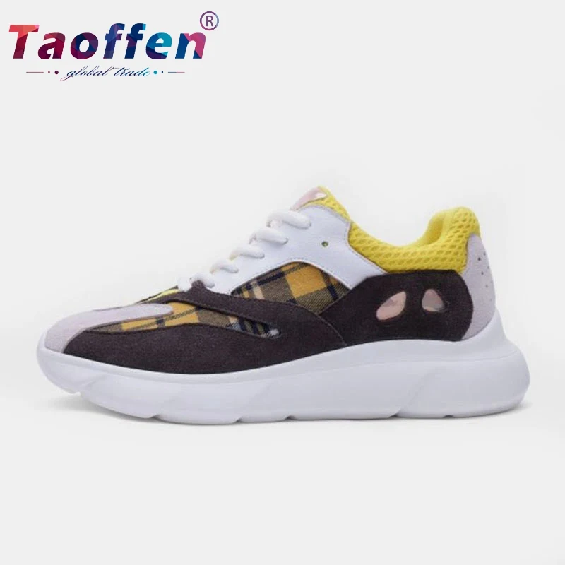 

Taoffen Women Sneakers Real Leather Running Shoes Women Casual Plaid Lace Up Sports Athletic Flats Footwear Female Size 35-39