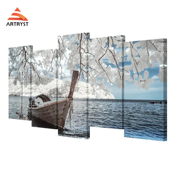 

5 pieces of canvas art magnolia flower boat landscape on canvas HD print modern home decorliving room wall painting artwork