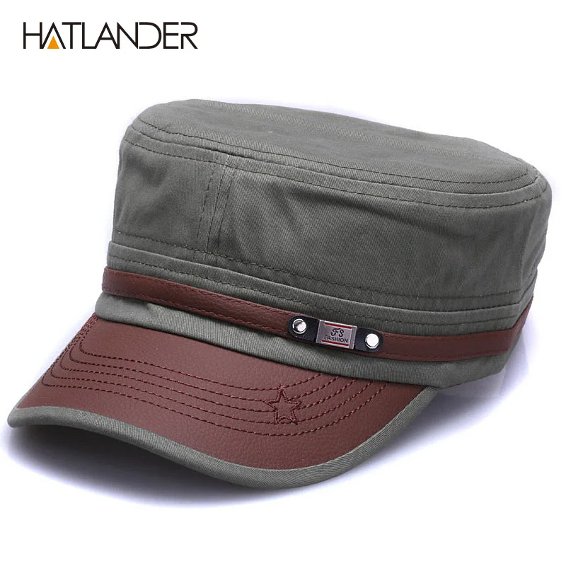  [HATLANDER]New fashion cotton Military hats for men women adjustable Flat top Army caps naval vinta