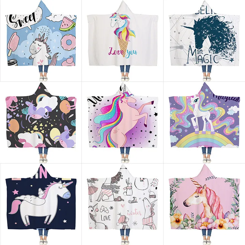3D يونيكورن الطباعة مقنعين بطانية الدفء الكبار الاطفال عباءة كنبة مكتب السفر رشاقته بطانية مزدوجة طبقة كسول البطانيات