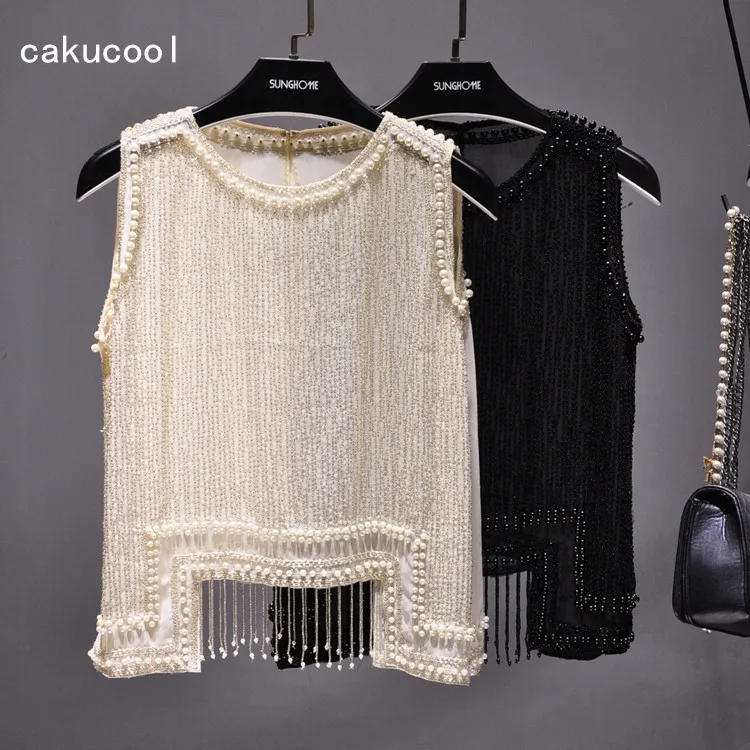 Najtaniej Cakucool Kobiety Frezowanie Bluzki Koszula Bez Rękaw oacute;w Lato Szyfon Topy Perły Frędzle Śliczne Sexy Dziewczyny Blusas Top Koszulki