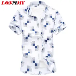 LONMMY 6XL 7XL белые рубашки с коротким рукавом Повседневное мода мужская клетчатая рубашка Голубой Синий флот camisa masculina 2019 лето