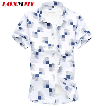 

LONMMY 6XL 7XL White shirts dress shirts Short sleeve Casual Fashion plaid shirt men Sky blue Navy camisa masculina 2019 Summer
