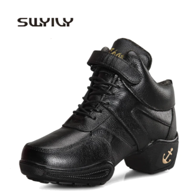 

SWYIVY Ankle Boots Snow Warm Sport Sneakers Platform 2019 New High Top Female Sport Dance Shoes Genuine Leather Black Sneakers