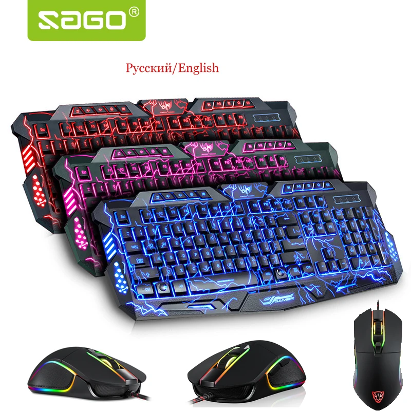

Sago Russian/English Layout Keyboard 3 Color Backlight Gaming Keyboard Wired USB PC Computer Keyboard with Mouse
