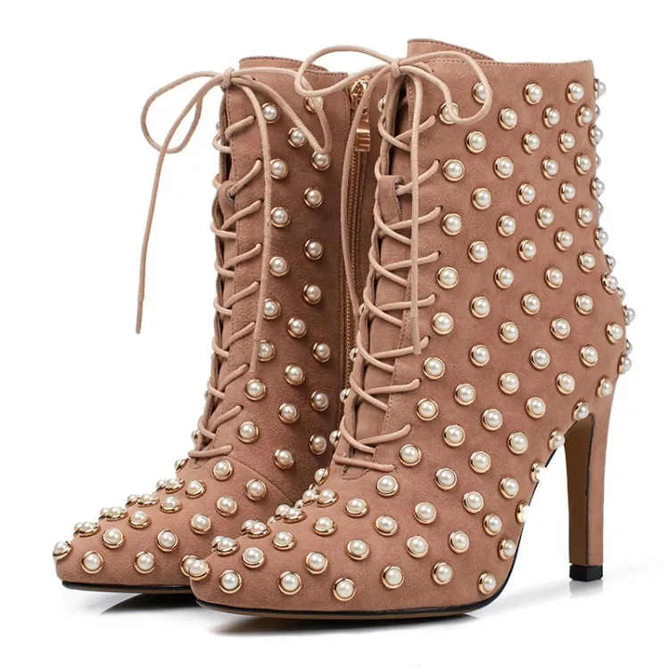 

2018 Hot Shoes Women Autumn Winter High Heels Zippers Suede Pearls Western Boots High Top Pointed Toe Ladies Shoes Zapatos Mujer