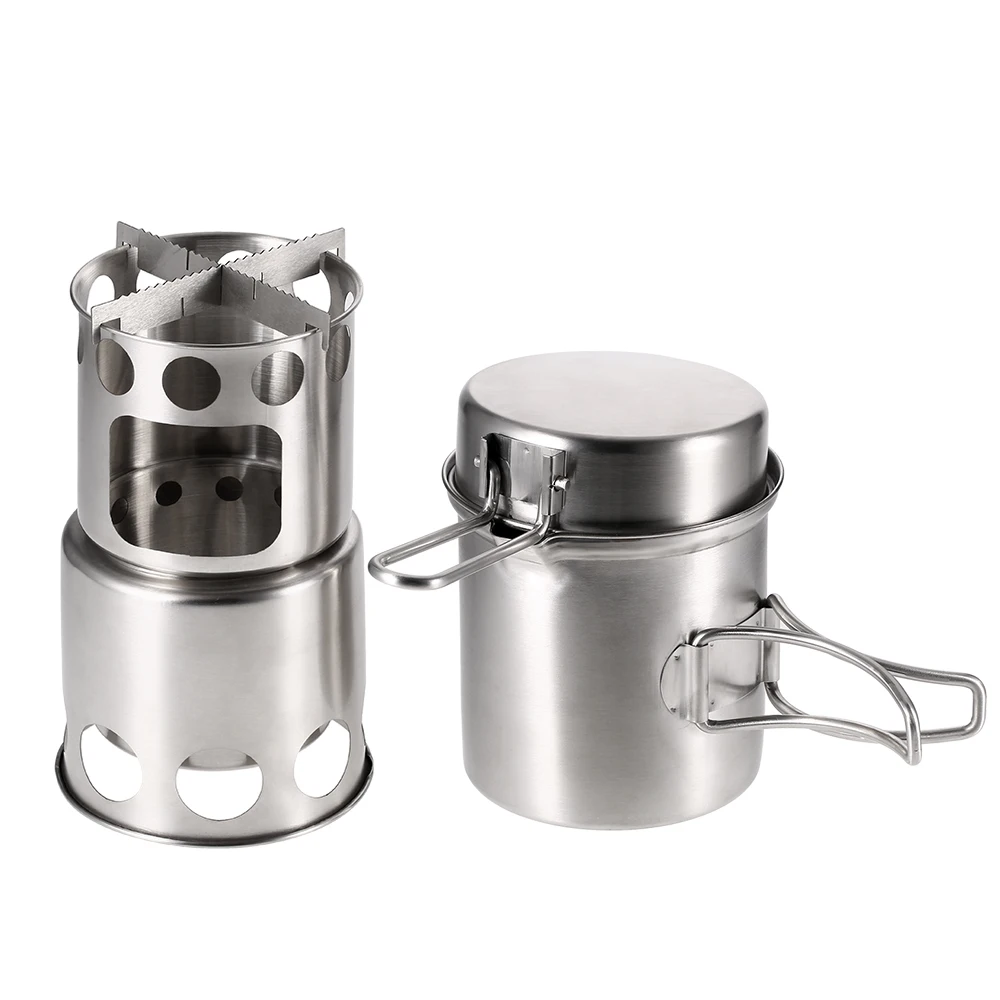 Portátil estufa de Camping Combo estufa de leña y la olla de cocina de mochilero al aire libre pesca senderismo cocina conjunto