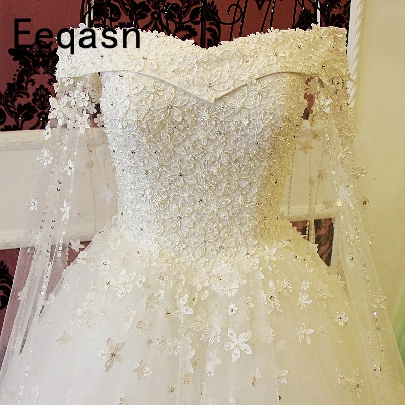 US $137.80 Romantic ALine Wedding Dress White Lace Flowers Crystal Pearls Ball Gown Wedding Gowns Bridal Dress Vestido De Noiva