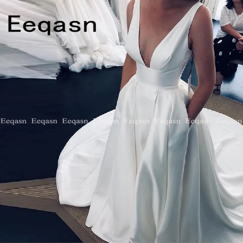 

Custom Made Cheap Vestido de noiva 2019 Hot A Line Satin Wedding Dress with Pockets White Beach Long Train Bridal Gowns