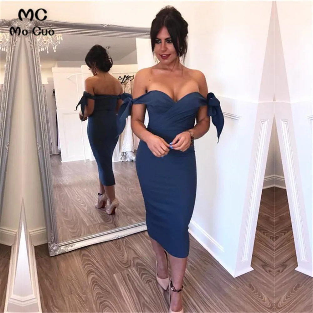 Sweetheart Off The Shoulder Sheath Bridesmaid Dresses Knee Length (2)
