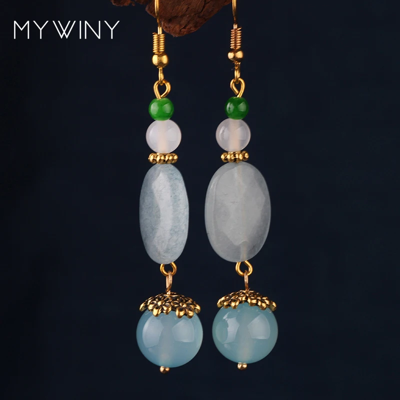 

MYWINY vintage ethnic Aventurine drop earrings for women ethnic style green vintage dangle natural stone jewelry for girl gift