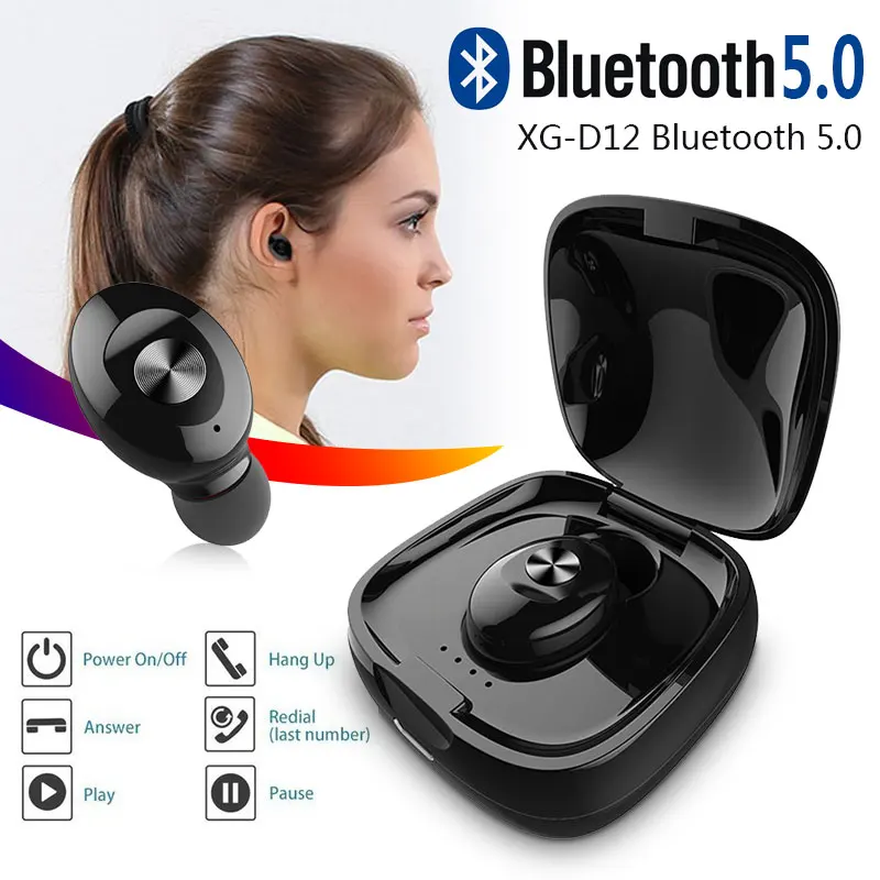 

D12 Mini Wireless Bluetooth Earphone Single Ear Bluetooth 5.0 Sport Earbuds Headset Stereo with Mic for iPhone Samsung Xiaomi