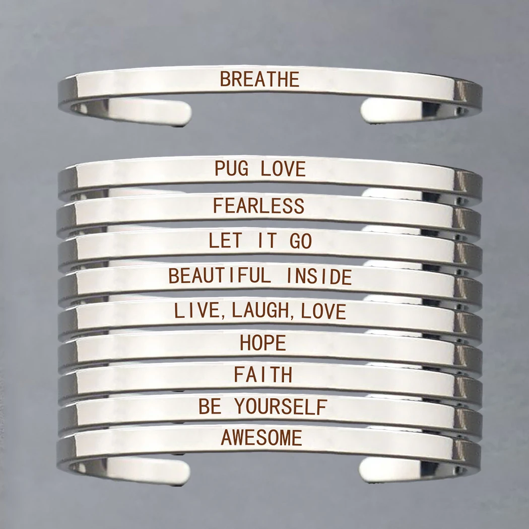 

Fashion Silver Stainless Steel Cuff Bracelet Women Men Wrist Bracelet Bangle Engraved Letters Inspirational Bracelet