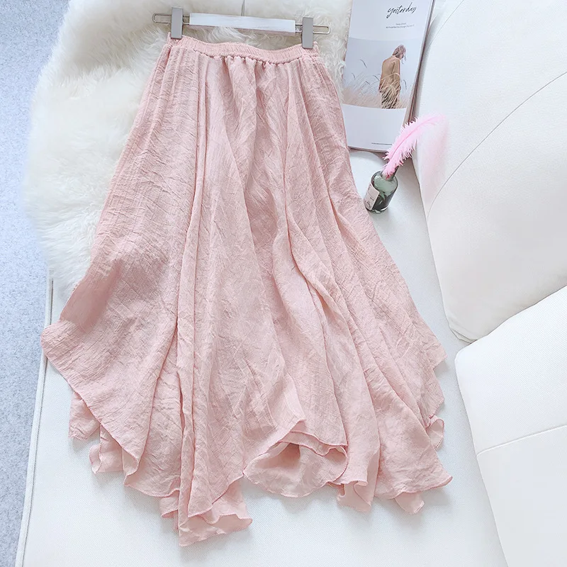 Женская элегантная Однотонная юбка миди в Корейском стиле с высокой талией, плиссированные юбки из хлопка и льна, летние юбки Saias, SK344 - Цвет: Розовый