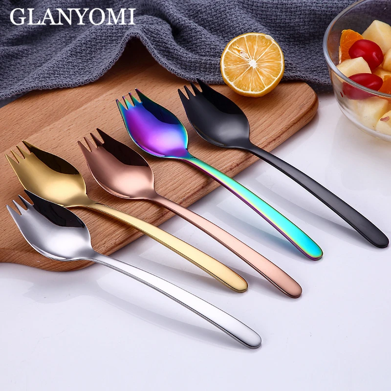 

304 Stainless Steel Salad Sever 2 in 1 European Style Salad Spoon Fork For Dessert Pasta Fruit Gold Salad Servers Tableware