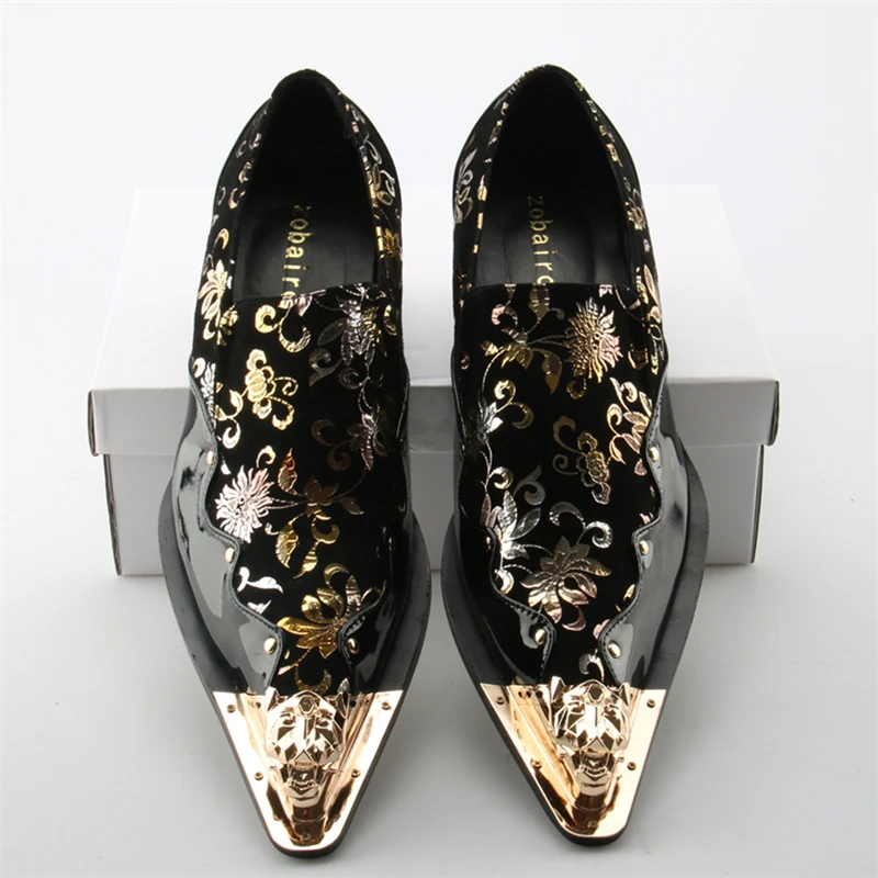 Zapatos Glitter Mocasines Oro Floral Vestido Metallic Boda Impresión Hombres Italiano Hombre Negro Toe A Cuero EwqUYwRxg