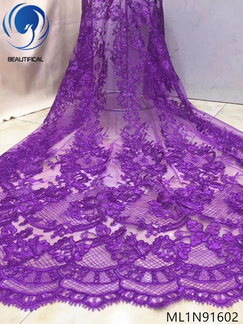 

Beautifical nigerian lace fabrics for dress 2019 New design purple embroidery sequins net lace 5yards french lace fabric ML1N916