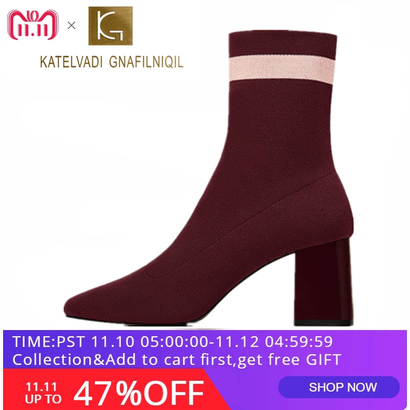 

Fashion Women Ankle Boots High Heels Red Wine Stretch Sock Boots Women Shoes Square Toe Ladies Boots For Winter Shoes Size K-174