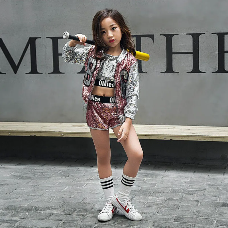 

children girl Hip Hop Costume sequins glitter jazz street dance Costume baseball clothes coat pants T-shirt kid pink silver kid