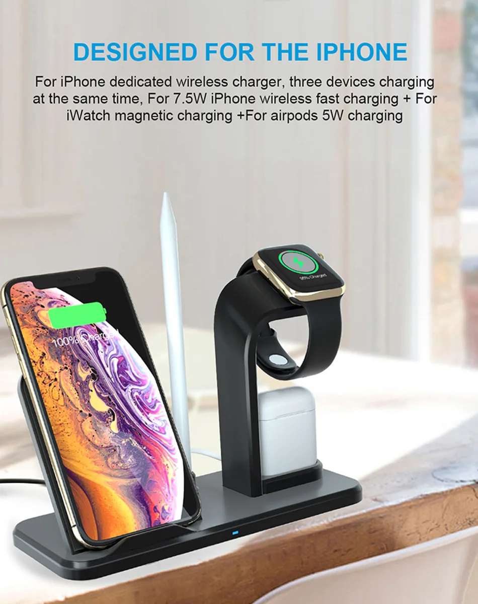 KEPHE 3 в 1 Qi Беспроводное зарядное устройство держатель Подставка для Apple Watch Series 4 3 2 1iPhone XS MAX XR 8 Plus X 8+ Iwatch Airpods станция