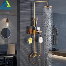 European Style Antique 8″ Rainfall Shower Faucet With Commodity Shelf Dual Handles Shower Mixer Kit Brass Storage Rack