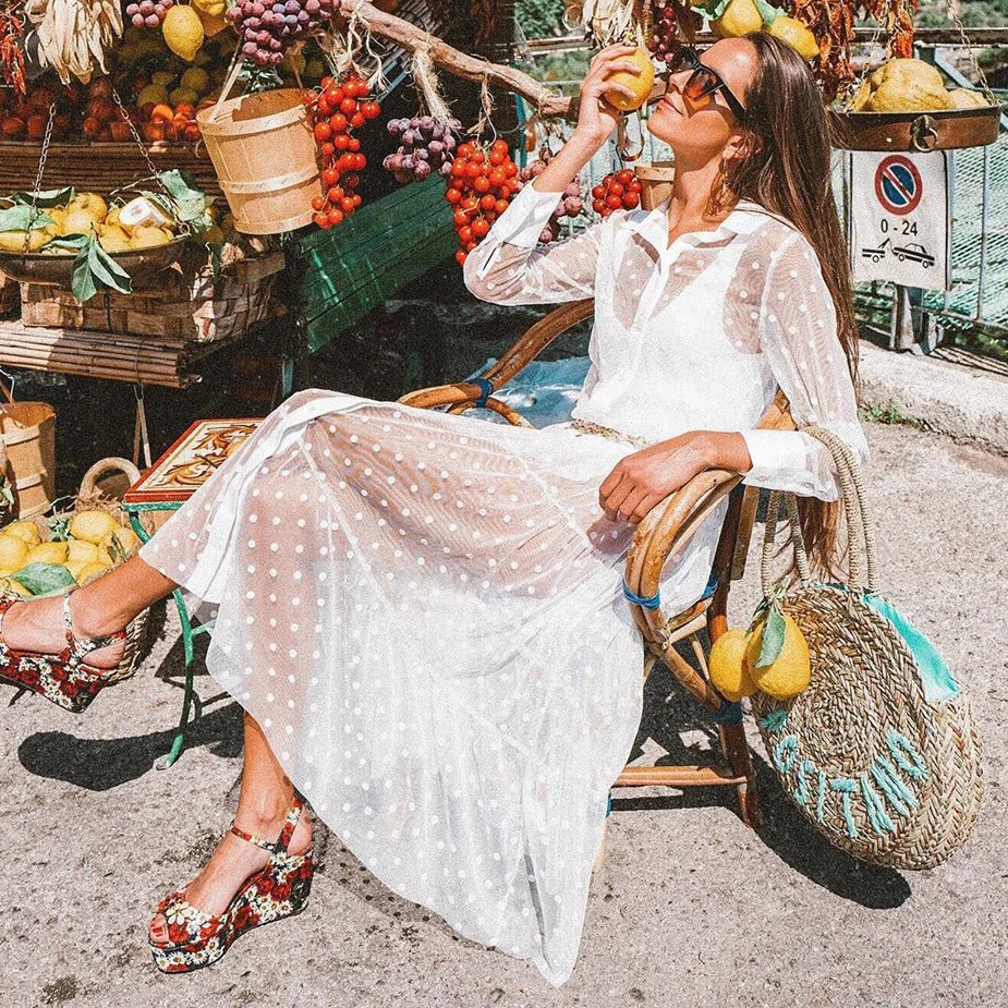 

women chiffon polka dot transparent midi shirt dress long sleeve female high street sexy mesh dresses vestidos