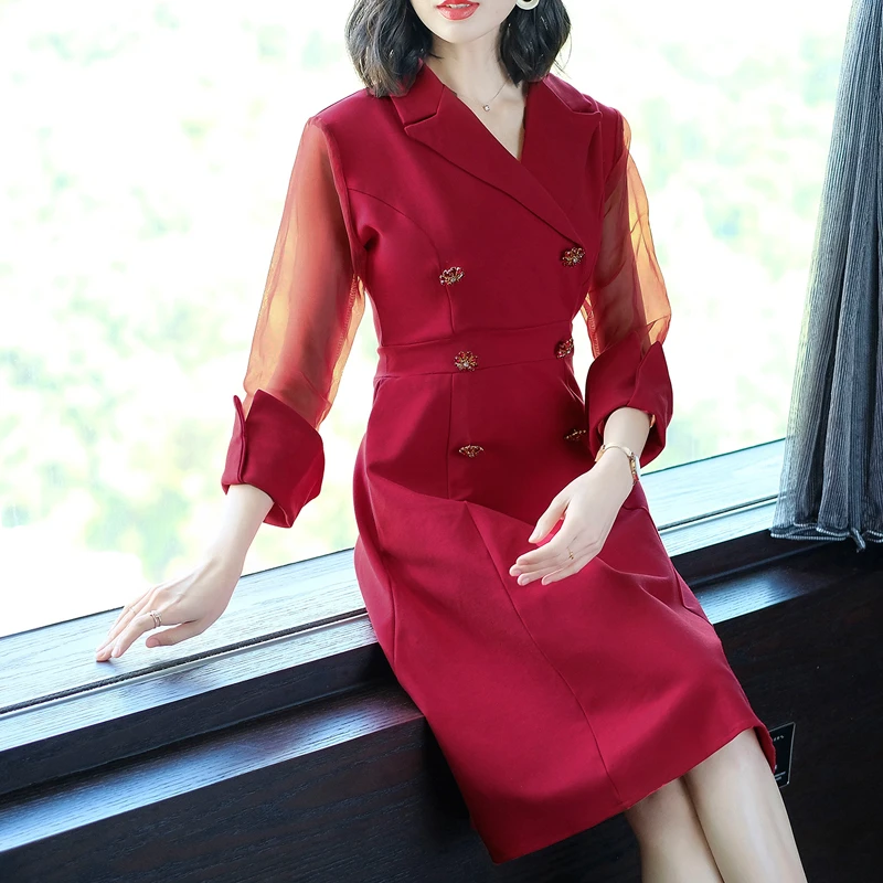 

Spring Formal OL women office dresses long sleeve plus size women dress red button 2019 party Slim bodycon elegant vintage
