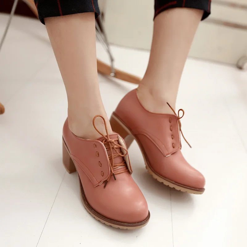 Chainingyee/милые удобные туфли-лодочки с круглым носком в повседневном стиле модная женская обувь на шнуровке на толстом каблуке средней высоты; цвет бежевый, коричневый, черный, розовый