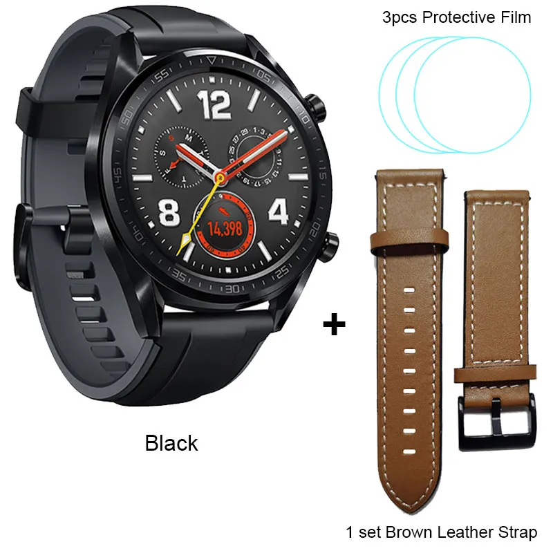 Huawei Watch GT Смарт часы Поддержка gps 5ATM водонепроницаемый AMOLED красочный экран телефонный Звонок трекер сердечного ритма для Android iOS - Цвет: Black add Strap Film