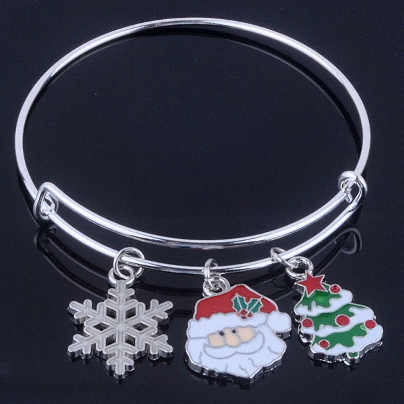

Bijoux Christmas style silver plated adjust wire bangle dangle snowflake father Christmas tree charms bracelet bangle for women