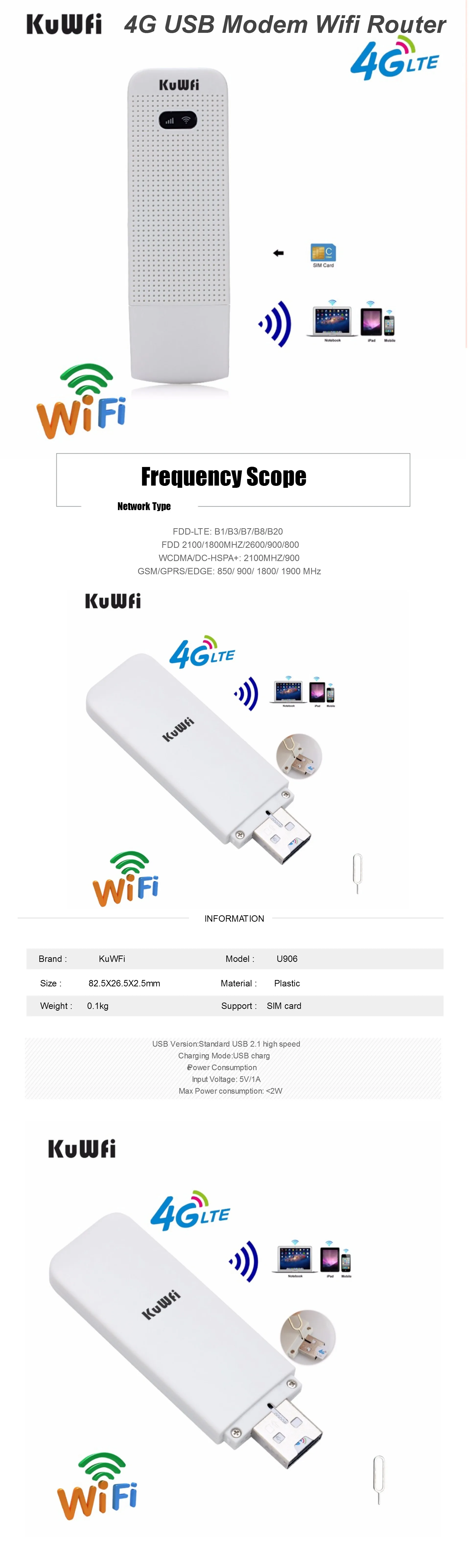 KuWfi разблокированный 4G wifi роутер USB беспроводной wifi модем LTE Беспроводная USB Сетевая точка доступа ключ с слотом для sim-карты