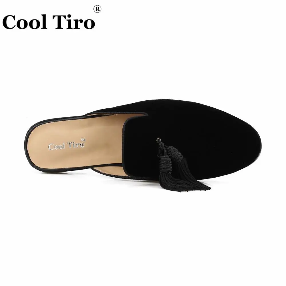 Cool Tiro/черные бархатные Mules кисточкой Для мужчин тапочки без застежки на Туфли без каблуков велюр обувь ручной работы Повседневное; натуральная кожа; стильные