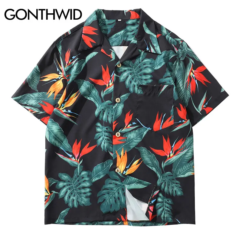 

GONTHWID Floral Hawaiian Aloha Beach Shirts Men Casual Summer Hawaii Aloha Party Holiday Fancy Shirts Streetwear Short Sleeve