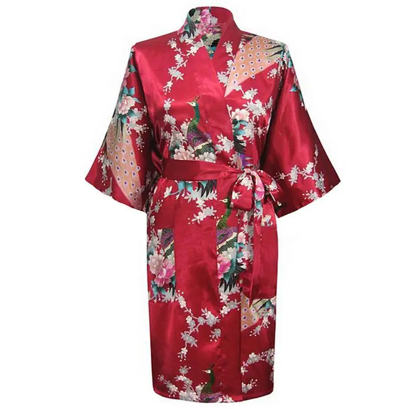 Белый свадебный халат подружки невесты Женская одежда для сна кимоно с цветочным принтом и павлином ночная рубашка из искусственного шелка Удобная Пижама домашняя одежда - Цвет: Wine Red A