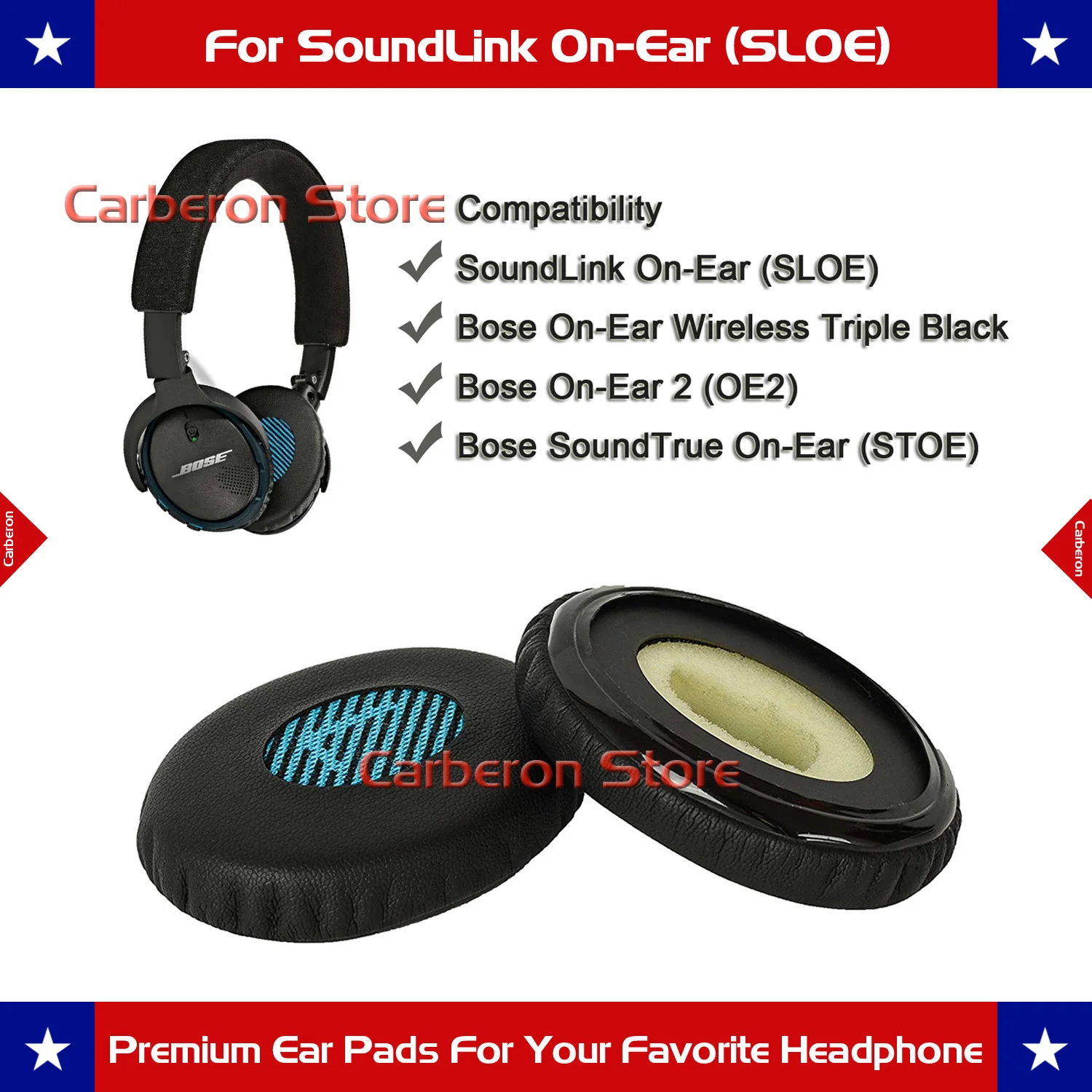 Carberon Сменные амбушюры для Bose SoundLink On-Ear(OE)/SoundTrue On-Ear(OE)/On-Ear 2(OE2) наушники(Blue LR