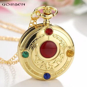 

Golden Cute Sailor Moon Pocket Watches With Gold Chain Rhinestone Necklace Clock For Girls Women's Gift