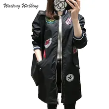 2017Autumn Winter Women Jacket Casual Fashion Basic All-match Outerwear Gold Rib Cartoon Patch Zipper Long Parka Female Coat x23