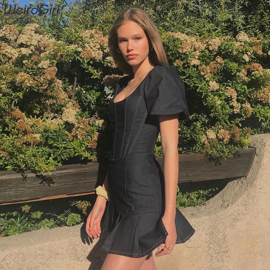 Weirdgirl النساء صالح و flare ثوب أنيق ساحة الرقبة قصيرة الأكمام Bodycon اللباس أزياء ضئيلة البسيطة سيدة ثوب جديد الصيف