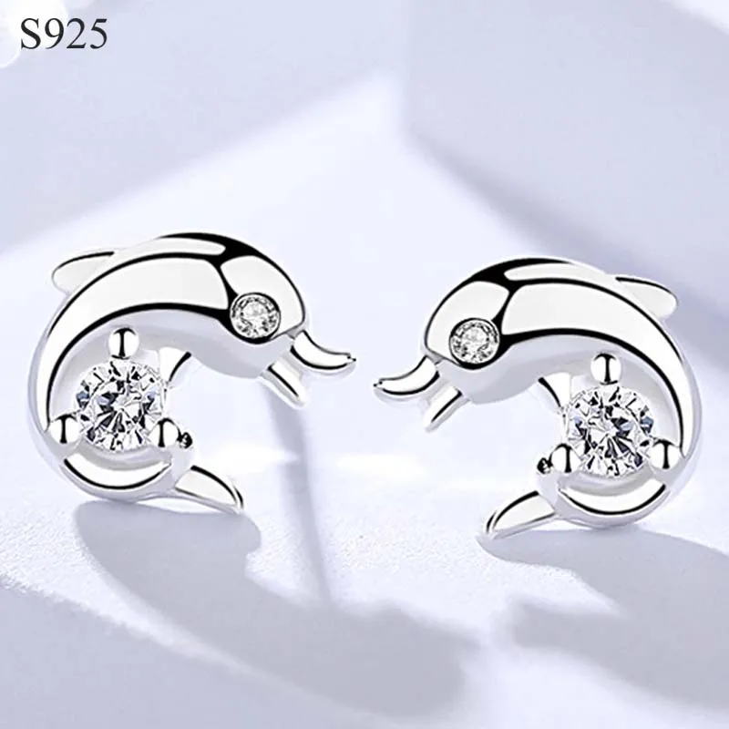 

100% Genuine Real Pure Solid 925 Sterling Silver Stud Earrings Women Jewelry Lovely Dolphin Cubic Zircon Female Silver Earrings