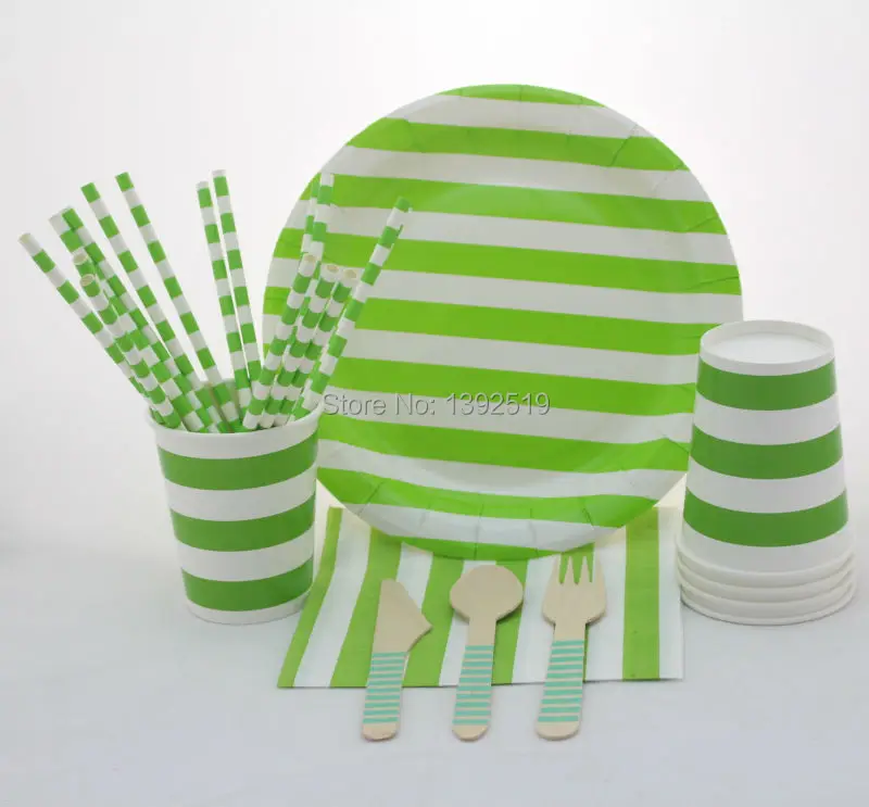 Праздничный набор столовой посуды 6 цветов в полоску вечерние бумажные тарелки и стаканы мешки бумажные соломинки для вечеринки деревянный держатель для ножей, ложек и вилок