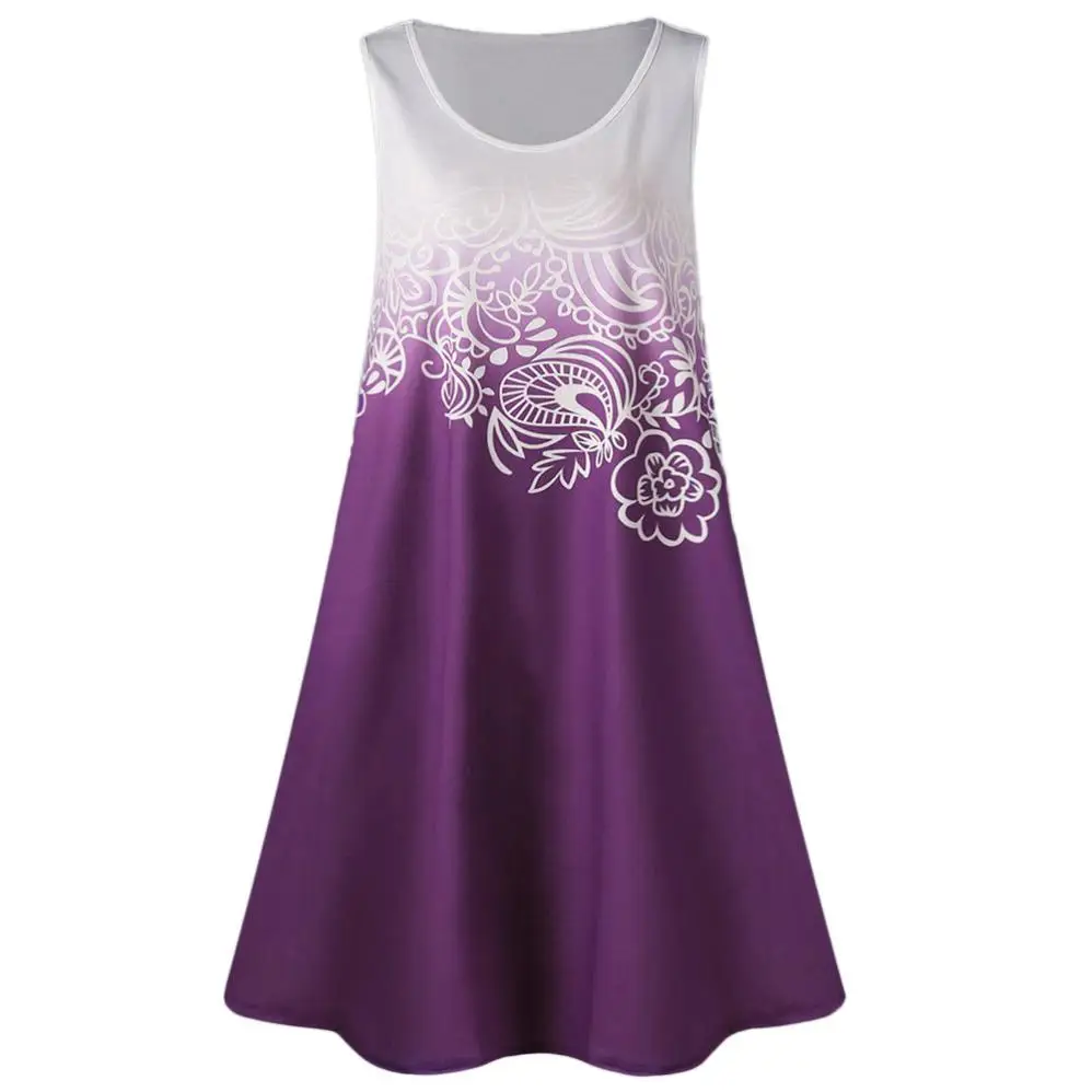 

feitong dress women 2018 dress women summer Polyester A-Line Sleeveless Knee-Length casual Print dress women summer hot sale