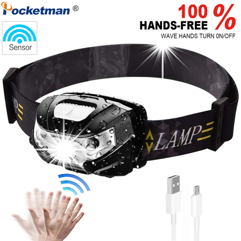 

5000LM Mini LED HeadLamp Motion Sensor Headlight Hands-free Portable Head Torch USB Rechargeable Head Flashlightwith 5 Modes