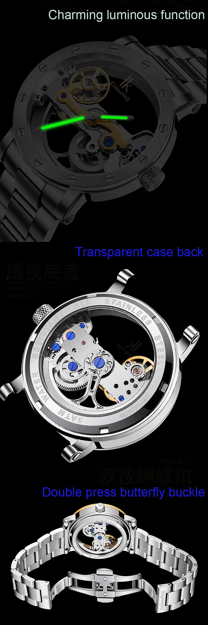 5ATM Водонепроницаемый Автоматическая нырять Часы Для мужчин Роскошные модные брендовые IK механические часы прозрачны