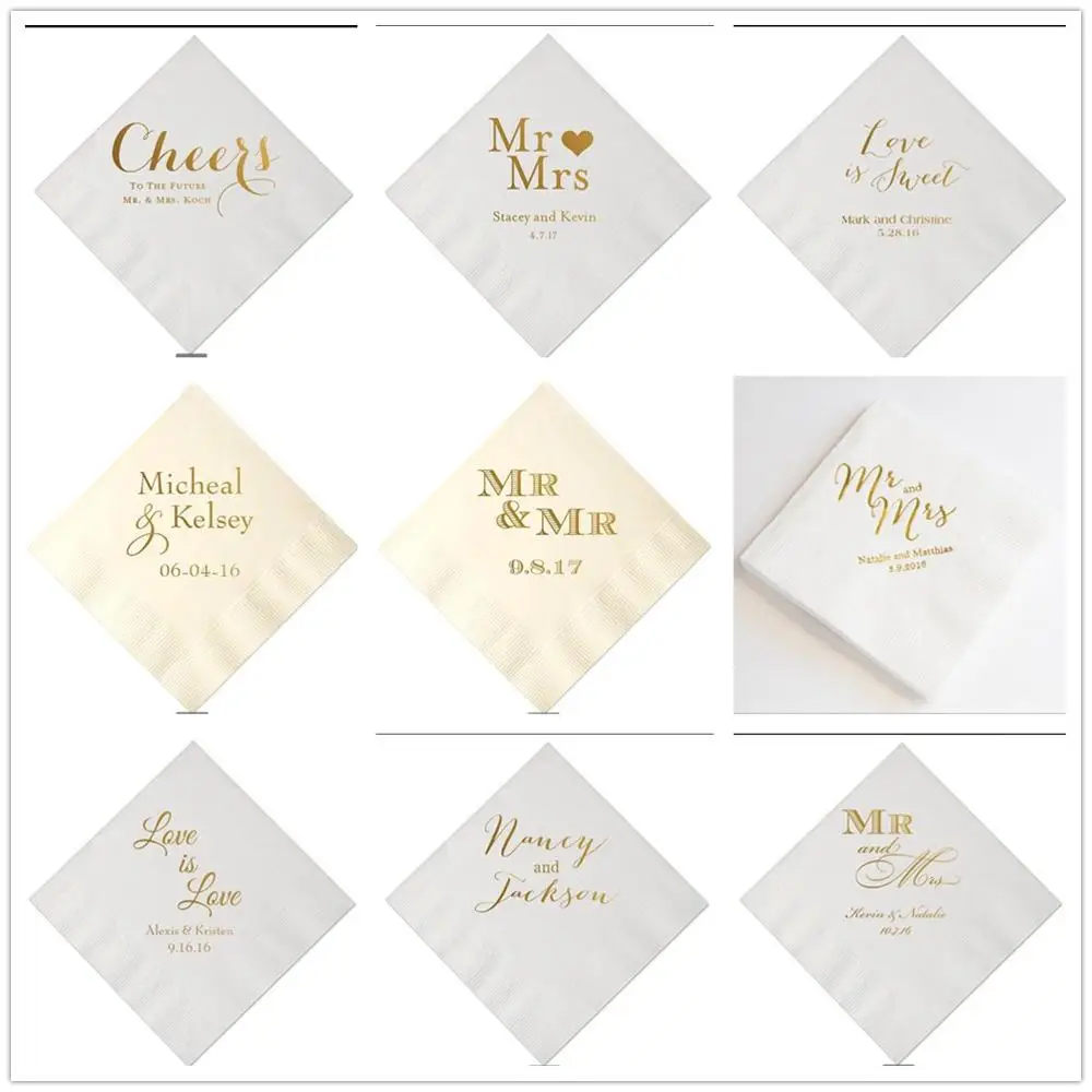 

100pcs/lot Personalized Bride Groom Name Wedding Party Table Decoration Golden Printed Dinner Table Paper Napkins Party Favors